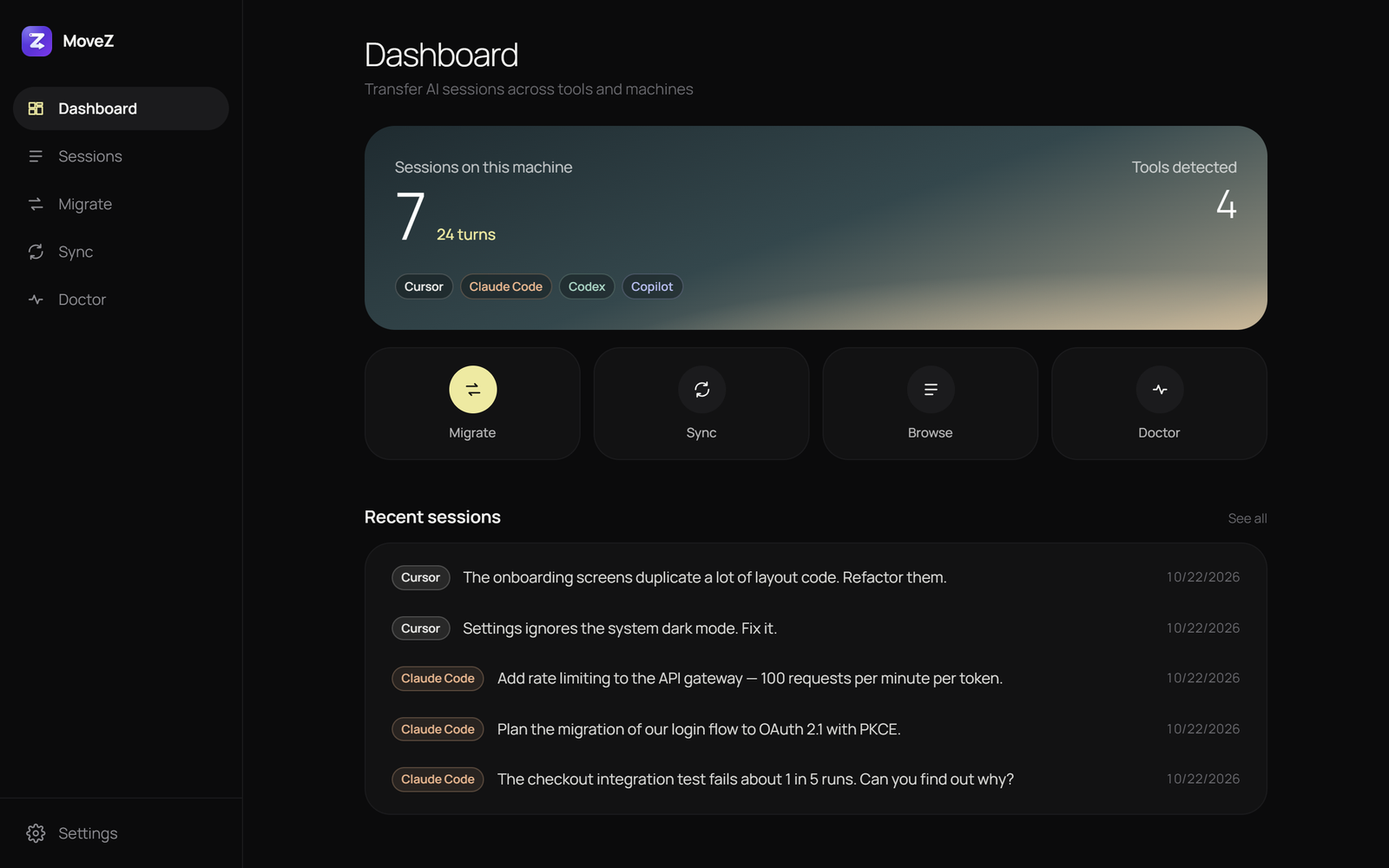 The MoveZ desktop app showing 7 sessions detected across Cursor, Claude Code, Codex and Copilot
