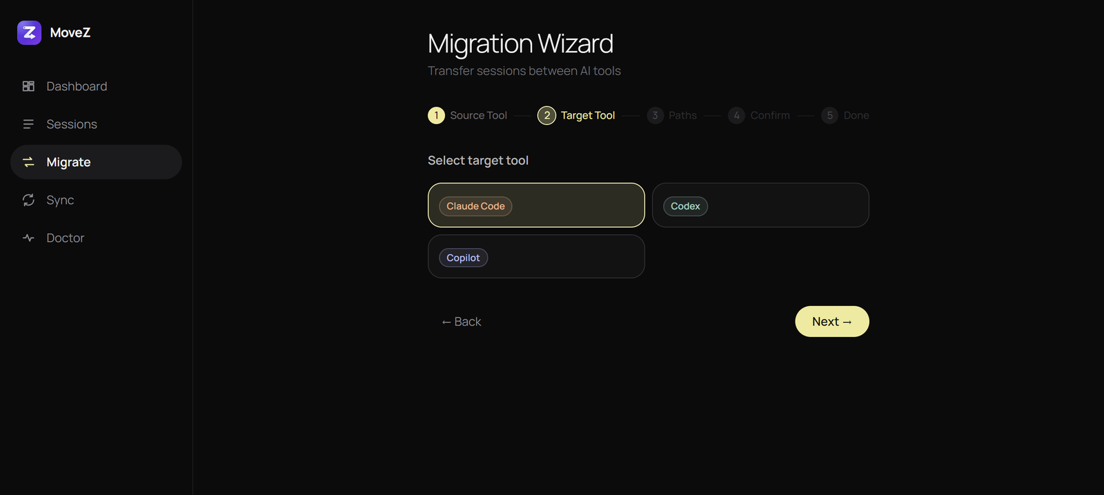 The MoveZ migration wizard with Cursor as source and Claude Code selected as target