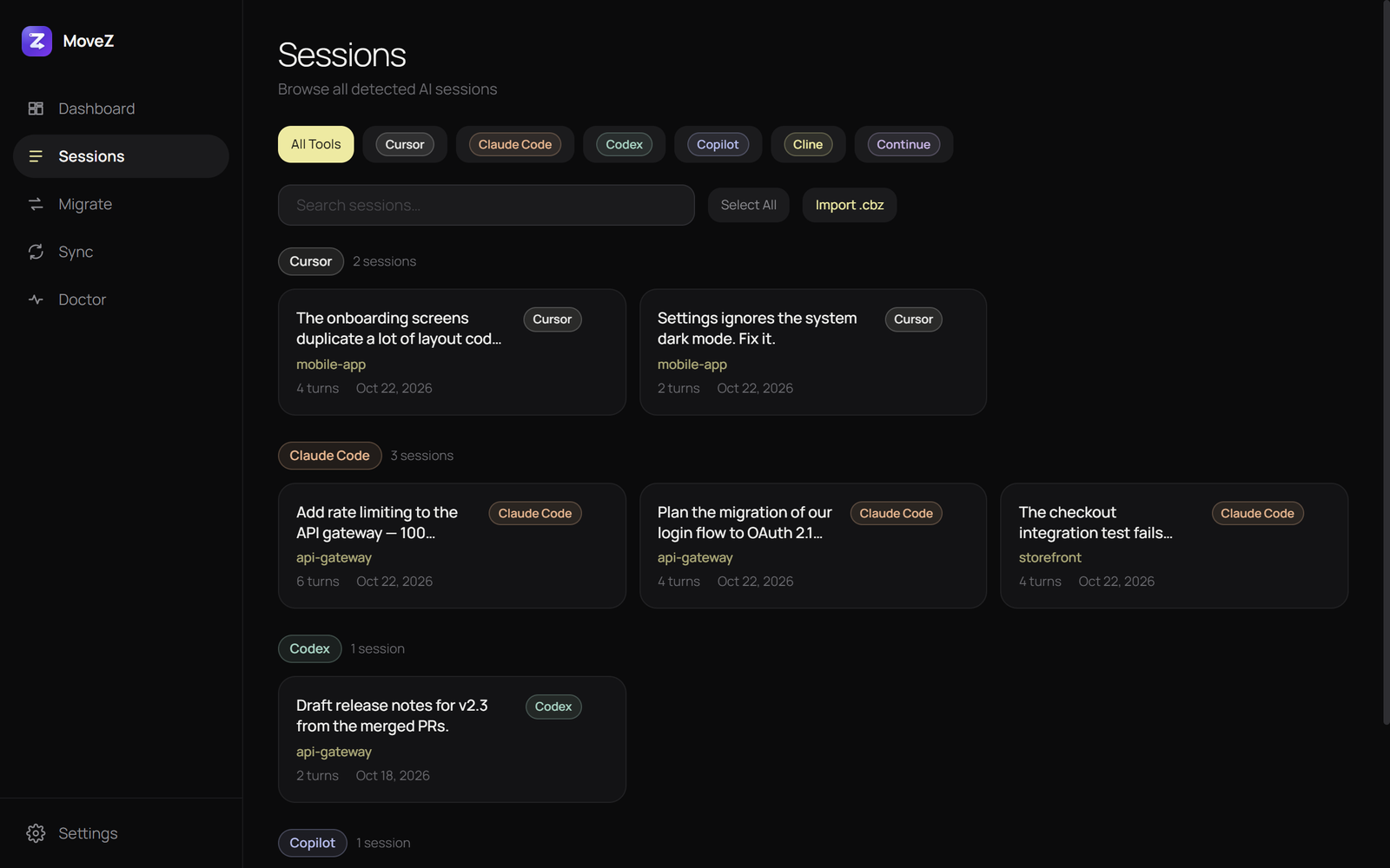 Sessions grouped by tool, with project names, turn counts and dates