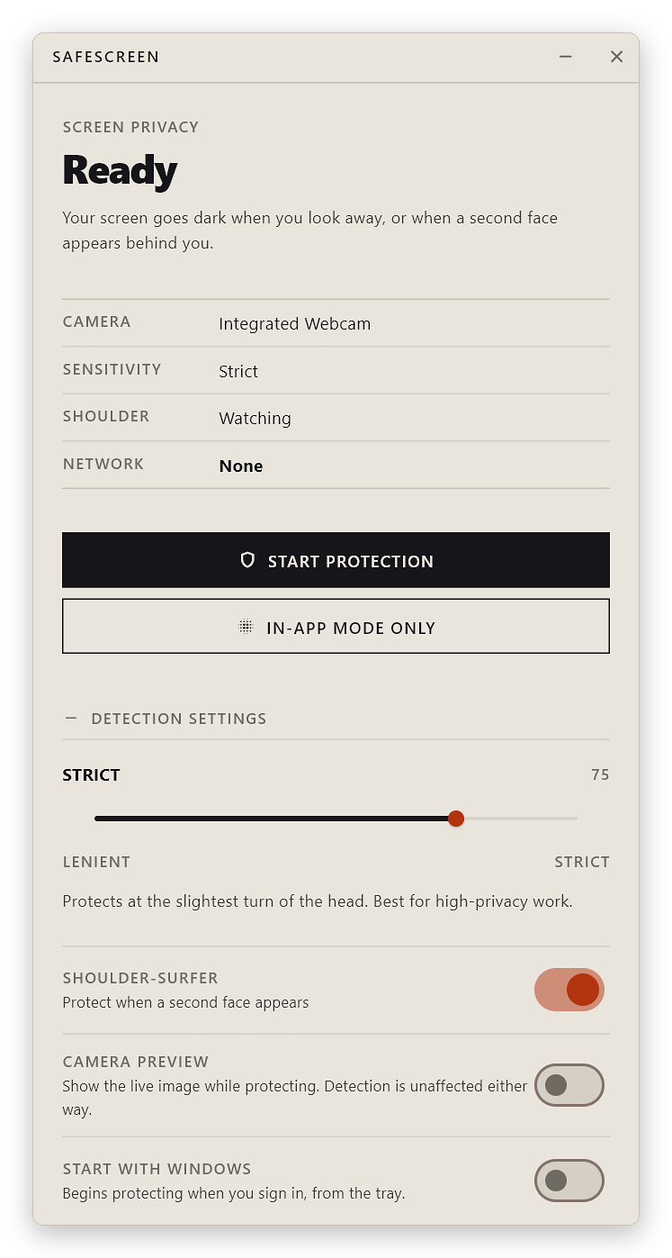 SafeScreen home panel: camera, sensitivity and shoulder-surfer settings, ready to start protection